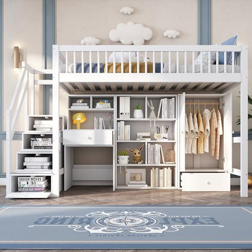Letto a castello per bambini 90 x 200 con armadietti, letto a soppalco con scrivania e scala, letto per bambini con barriera, a castello 2 posti, legno massello + MDF, bianco