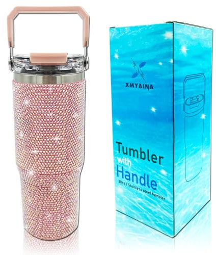 30oz Bling Rhinestone Studded Tumbler with Top Handle and Leakproof Lid Vacuum Insulated Stainless Steel Glitter Crystal Water Bottle with Flip Straw Reusable Cup Outdoors Travel Mugs (Light Pink)