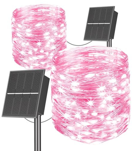 Lot de 2 Guirlande Solaire Exterieur, 20M 200LED Guirlande Lumineuse Exterieure Solaire Étanche IP65, 8 Modes Lumière Solaire Guirlande Guinguette Extérieur Décoration pour Noël Jardin Fête- Rose