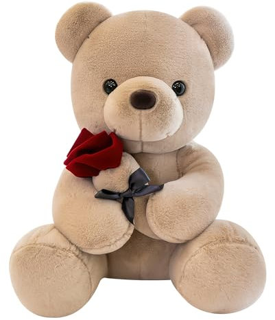 DAWRIS Kuschelweicher Teddybär groß 25 cm mit Rose, Teddy Bär Klein Braunbär Süße Stofftier Spielzeug Teddybär Plüschtier Kuscheltiere Spielzeug Dekozimmer Kissen Stofftier Teddy Kuscheltier