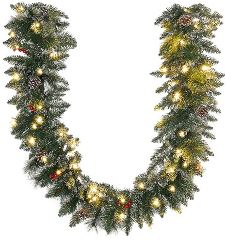 HOMCOM Weihnachtsgirlande 1,8m mit Beleuchtung 50 LEDs Tannengirlande mit Tannenzapfen Beeren Weihnachtsdeko Künstliche Girlande Weihnachtsgirlande mit Timer für Innen & Außen, Grün