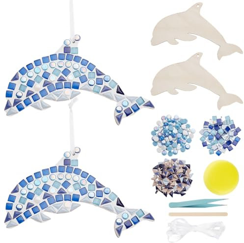WEBEEDY 2 Sets DIY Mosaic Kit Dolphin Mosaic Making Kit Blue Glass Mosaic Tiles Pieces with Wooden Board for Adults Beginners,Animal Simple and Fun Mosaic Hanging Art Supplies Home Hanging Decor