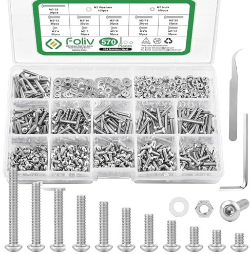 Foliv 570 Stück M3 Schrauben und Muttern Sortiment Set, 304 Edelstahl Silber Halbrundkopf Innensechskant Schraube Flachscheibe Kit, Gewindemaschinen Sechskantschrauben für Home Industrieelektronik