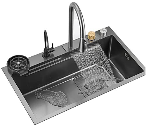 USMCPQVXN Fregadero de Cocina en Cascada de Acero Inoxidable para Estación de Trabajo con Grifo Extraíble, Lavaplatos Presurizado, Fregadero de Cocina Empotrado/un Color/68 * 45 cm