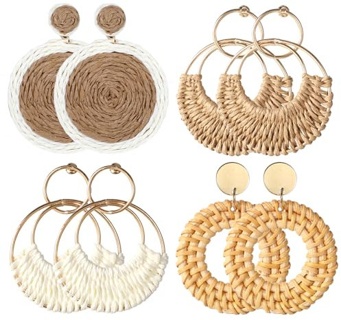 4 Paar Boho Ohrringe Damen,Runde Boho Ohrringe Stroh Hängend aus Raffia-Rattan Leichte Strohgeflecht Earrings for Women Lustiges Earrings Set Schmuck Persönlichkeit Süßes