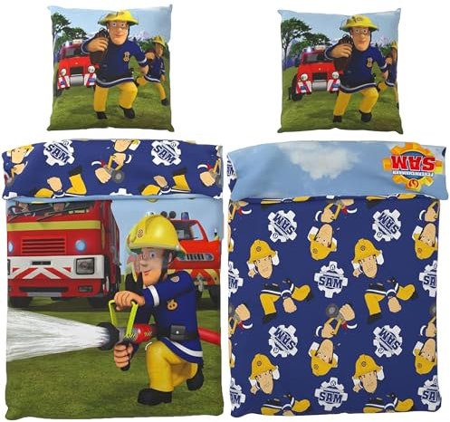 BERONAGE Feuerwehrmann Sam Kinderbettwäsche Action – 135 x 200 cm + 80 x 80 cm – 100% Baumwolle Renforcé-Linon – Bettwäsche mit Motiven von Sam, Elvis & Penny – Reißverschluss, deutsche Größe