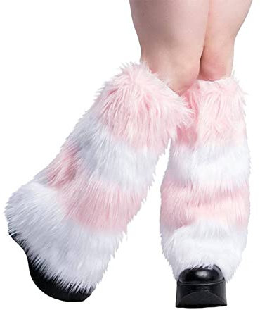 YILEEGOO Womens Faux Fur Fuzzy Leg Warmers Warm Fuzzy Rainbow Boot Sleeves Boot Covers Cuff Fluffy Rave Music (Z-Pink White, One Size)