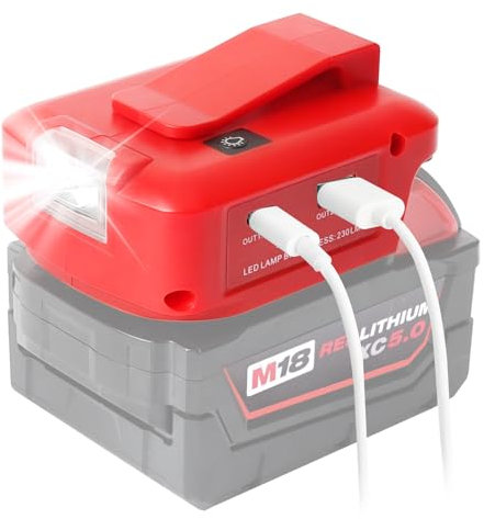 QUPERR - Power Source USB Battery Adapter for Milwaukee M18 18V Battery, LED Work Light Converter with a pair of USB Phone Charger interface, with DC Port Cordless Flashlight(Adapter Only)