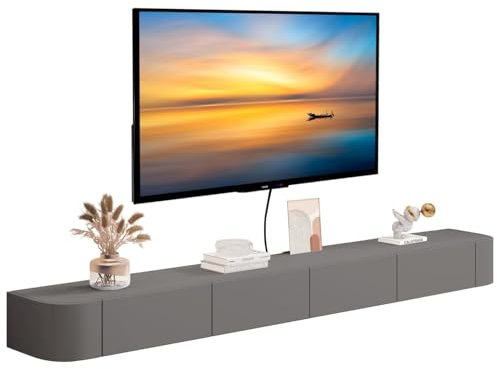 MWIDCIEW 220cm Floating TV Unit with Flip-Down Doors & Drawers, Modern Wall-Mounted TV Cabinet, Floating TV Media Units Shelf with Storage for Living Room, Bedroom, Grey – Fully Assembled