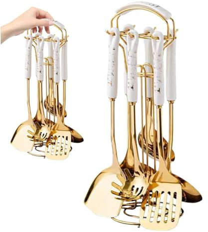 7Pcs/Set Kitchen Utensils Set Stainless Steel Gold Utensils Set for Cooking with Utensil Holder Dishwasher Safe Hanging Metal Kitchenware Include Spatula, Ladle, Pasta Spoon (Golden).