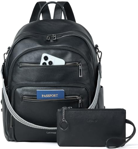 LATMAP 32L Vegan Leather backpack Women 14.5x8.5x16,Laptop Backpack for Women College Daypack Work Handbag Travel fits 14 Laptop Business,Black