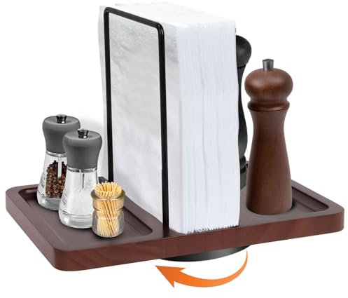 Drehbarer Serviettenhalter, Serviettenhalter Holz mit Caddy für Salz-Und Pfefferstreuern 360° Drehbar Papierserviettenhalter Serviettenspender für Tisch Servietten Halterung zum Dekorieren