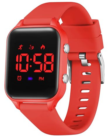 caprock Montre pour Enfants Garçons, Montres Sport pour Fille Garcon étanche 50 ATM Montre Digitale Enfant avec calcul de la Distance/Vibration, Double réveil/chronomètre-Rouge