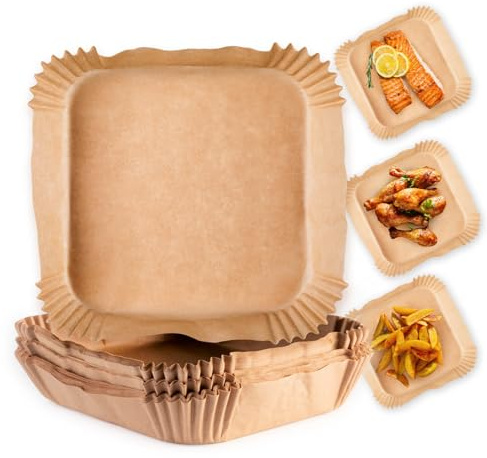 GOURMETmaxx Backpapier für Heißluftfritteuse 2 bis 5 Liter | Backpapierschale antihaftbeschichtet & ölbeständig | Airfryer Backpapier – flexible Form | 200 Stück – 16 x 16 x 4,5 cm