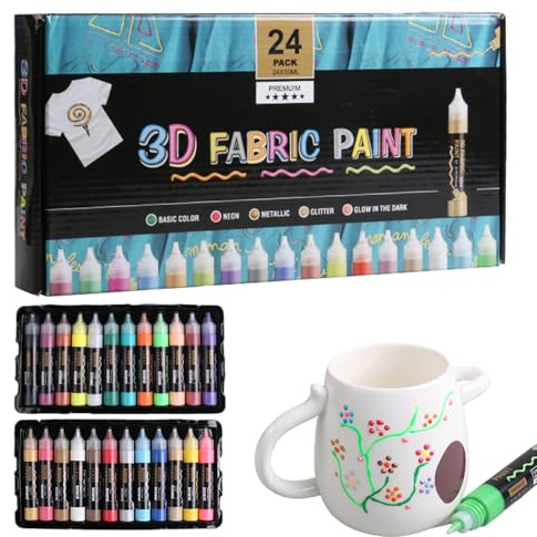 Genérico Peinture 3D pour tissu | Peinture permanente avec effet 3D | 24 couleurs, outil imperméable pour travaux manuels, 30 ml, pour , toile, bois, décoration adulte, vêtements, chapeaux