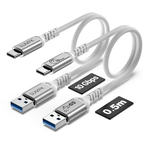 SUMPK Cable USB C de 50cm 60W de carga rápida [2 paquetes], 10Gbps sincronización de datos USB A a cable de cargador de tipo C corto, compatible con Android Auto, CarPlay, Samsung, iPhone 15, blanco