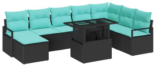 vidaXL Garten-Sofa-Set mit Kissen mit Speicher 9 pcs Schwarz und blau, Moderne Gartenmöbel, modulare Sofas, UV-beständige Materialien, luxuriöse Sitzgelegenheit