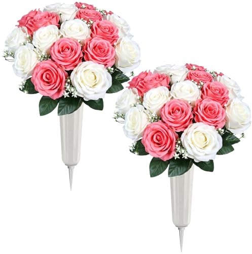 Lewondr Artificial Cemetery Flowers with Vase for Grave, Pink Roses, 2 Pack | UV Resistant, No Watering Needed, Fade Proof, Silk Rose Bouquet, Memorial Day Flowers for Graveyard Outdoor Decoration