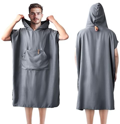 Asde PonDy Mikrofaser Badeponcho Damen & Herren, Umziehhilfe und Handtuch, schnelltrocknend, Ultraleicht & kompakt, ideal für Surfen, Strand, Reisen, Camping, Schwimmen und Sauna (Grau, Large)