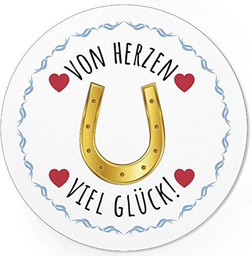 48 moderne Design Etiketten, rund/Viel Glück von Herzen - Hufeisen/Geschenk-Aufkleber/Sticker