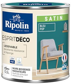RIPOLIN - Peinture Intérieure Multi-Supports – Murs, Boiseries & Radiateurs – Ultra-Couvrante – Lessivable – Application Facile – Ecolabel - Satin - 0,5L - Bleu Pop