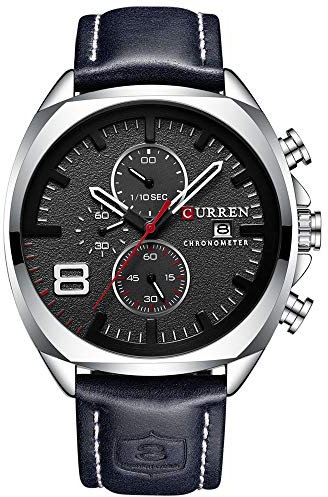 Herren-Armbanduhr mit Lederband, klassisch, lässig, silberfarben, Edelstahl, wasserdicht, Chronograph, Datum, analog, Quarzuhr (Silber/Schwarz), silber/schwarz, Sportlich