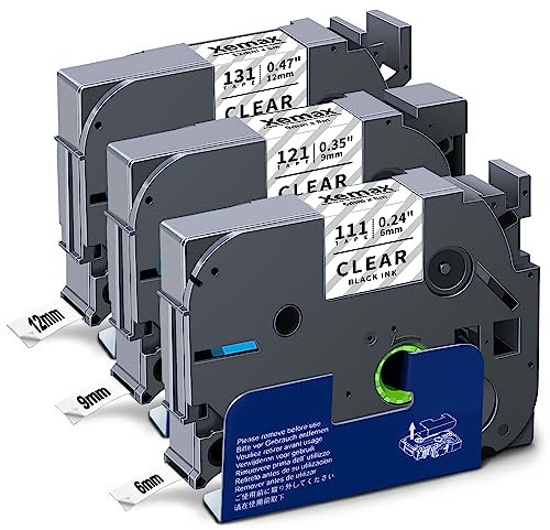 3x XemaX Kompatibel Brother TZe Clear 6mm 9mm 12mm Brother Schriftband Ersatz für Brother TZe-111 TZe-121 TZe-131 Schriftband P-Touch Tape Clear für Brother PT-H110 PT-H107B, Schwarz auf Transparent
