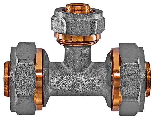 MegaHaustechnik Reduzier T Stück Mitten-Abgang reduziert für 32 x 16 x 32 mm Rohr Außendurchmesser Mehrschicht Aluminium Verbundrohr Schraub Fitting aus Messing mit Klemmring Verschraubung Reduzierung