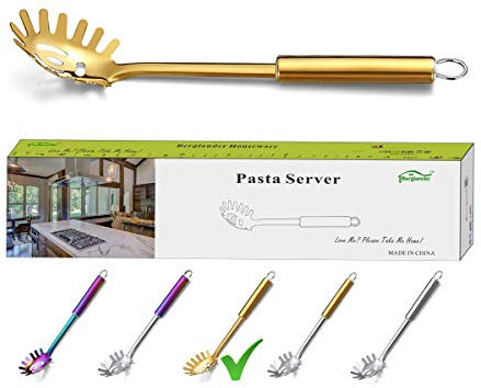 Berglander Tenedor para pasta, Servidor de pasta dorado de acero inoxidable, Cuchara para espagueti, Servidor para espagueti dorado con revestimiento de titanio, Tenedor Noddle (Dorado)