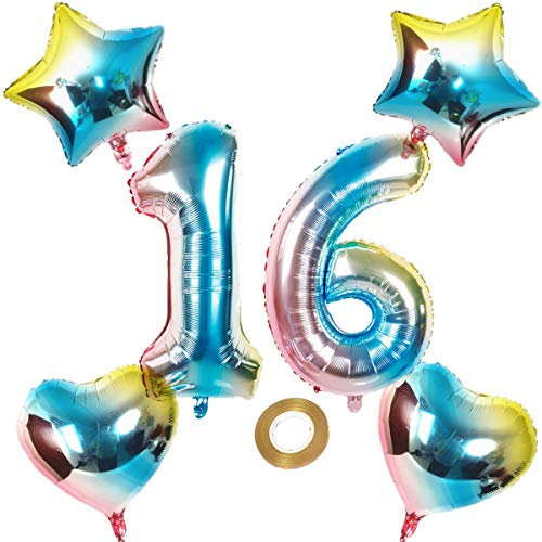 Luftballons Zahl 16 Nummer 16 Luftballon Regenbogen 16 Zahlenballon Folienballon 32 inch 80 cm XL für Mädchen Junge,Riesen Aufblasbar herz Helium Folienballon Stern Ballons Geburtstag Party Deko (16)