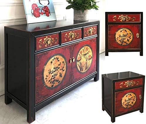 OPIUM OUTLET Commode chinoise avec 2 tables de chevet - Buffet - Commode de nuit Shabby Chic - Style asiatique oriental (RedMagic-3)