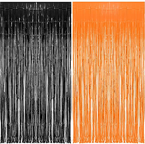 BRAVESHINE Lametta Vorhänge Schwarz Orange, 1 x 2.5 m Halloween Dekoration Party Vorhang Foto Hintergrund für Geburtstag Halloween Party