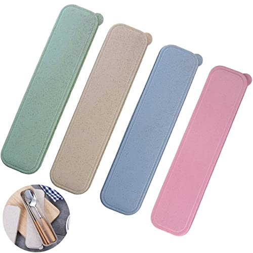 QNLEMON Lot de 4 boîtes à baguettes portables, réutilisables, fourchettes, cuillères, boîtes de rangement pour voyage, camping, plein air, pique-nique, beige