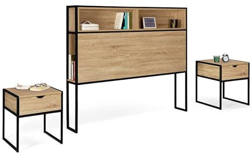 IDMarket - Tête de lit sur Pied Detroit 165 cm avec 2 Tables de Chevet Bois et métal Noir Design Industriel