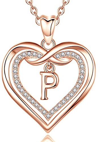 AEONSLOVE Collana Lettera Donna Ciondolo Nome Personalizzabile Collana Iniziale P Oro Rosa Regalo Compleanno Natale per Figlia Amica Ragazza