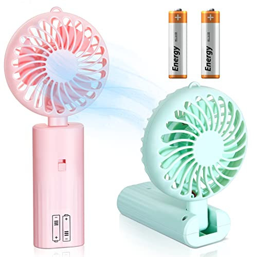 Censen 2 Pieces Portable Fan Small Hand Desk Fan AA Battery Powered Operated Handheld Fan, Mini Fan Foldable Desktop Fans for Cooling Travel Office Bedroom Home (Pink, Green)