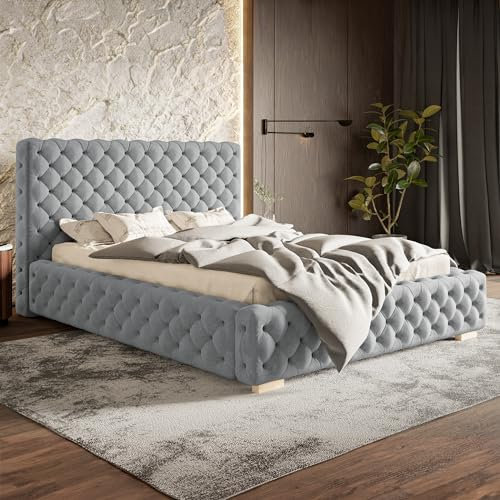 MOTIVENA Diana Chesterfield Polsterbett 160x200 mit Bettkasten, Chesterfield Bett 160x200 mit Stauraum, Bett Kopfteil Samt, ohne Matratze, Bett Samt, Polsterbett 160x200 Grau Hellgrau