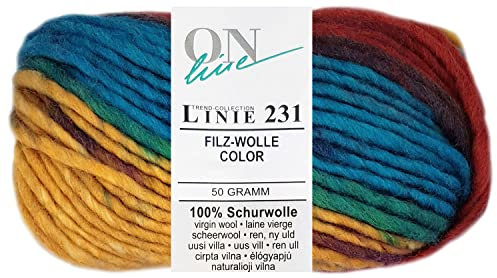 HDK-VERSAND 50 Gramm ONline Linie 231 Filzwolle Color aus 100% Schurwolle 0143 Gelb Türkis Rot Mix
