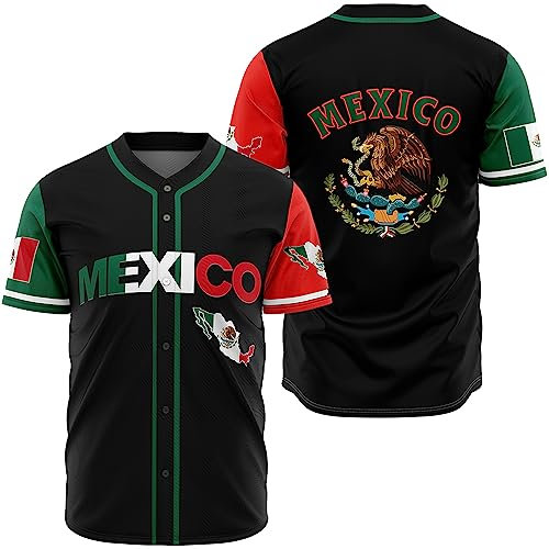 Herren Mexiko Baseball Jersey, Eagle Mexico Baseball Button Down Jersey Shirts, Mexikanische Flagge Baseball Trikots Sport Shirt, Schwarz, 4X-Groß