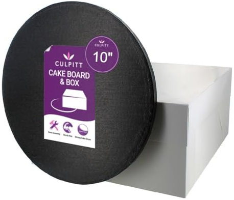Culpitt 10 Black Cake Board & White Box Combo, Round Drum With Matching Container, 0.5'' (13mm) Thick, Square Transport For Halloween Treats, 10 Inch, Single Pack