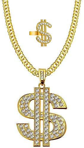 Weenkeey 2 pezzi collana con segno di dollaro aperto, collana in oro con ciondolo a forma di dollaro anni '70, '80, '90, Hip Hop, per uomo e donna