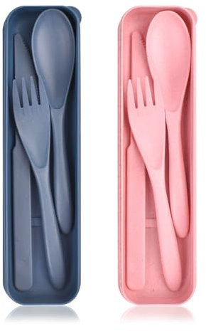 Noewmub Travel Utensils with Case, Reusable Plastic Cutlery, Travel Cutlery Set, Flatware Set for Travel Work School Picnic Camping or Daily Use (Pink, Blue)