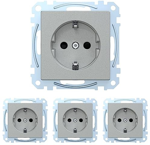 Merten MEG2300-0460 SCHUKO-Steckdose, erhöhter Berührungsschutz,Schutzkontaktsteckose, Steckklemmen, Aluminium, System M (Packung mit 4)
