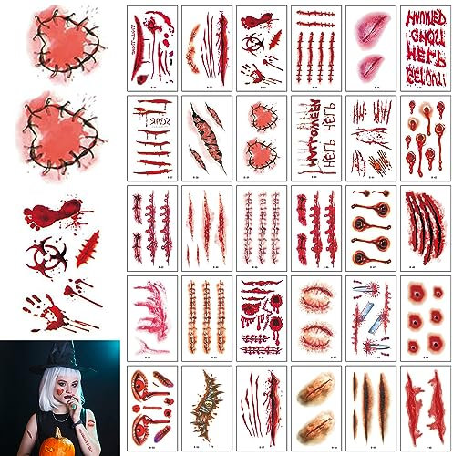 30 Blatt Halloween Tattoo Narben, Zombie Tattoo Aufkleber Blut, Halloween Schminke Narben Tattoo Set, Halloween Narben Tattoos, Gefälschte wunden für Halloween Party, Narben Aufkleber