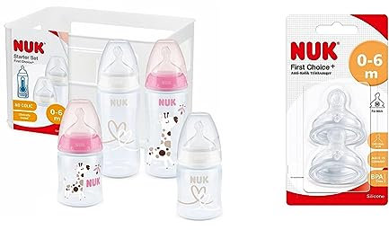 NUK First Choice+ Babyflaschen Starter Set | 0–6 Monate & First Choice+ Anti-Colic-Trinksauger Silikon, kiefergerechte NUK Form, Größe 1 (0-6 Monate) M für Milch, 2 Stück (1er Pack)