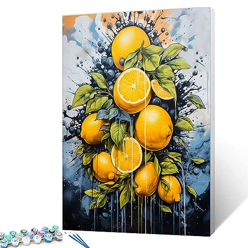 Ölgemälde mit tropischen Früchten, Zitrone, für Erwachsene, Anfänger, 40,6 x 50,8 cm, Graffitisches Straßenkunstbild, Malen nach Zahlen auf Leinwand, grüne Blätter, Gemälde mit Pinseln und