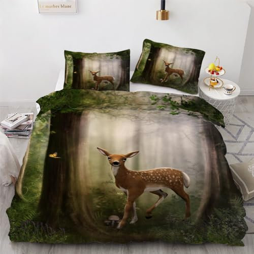 ROUSKI Bettwäsche Hirsche 155x220 cm 3teilig 100% Leicht Mikrofaser Bettbezug Waldtiere Wendebettwäsche mit Reißverschluss 3D Motiv Zimmer Dekor Bettwäsche-Sets mit 2 Kissenbezüge 80x80