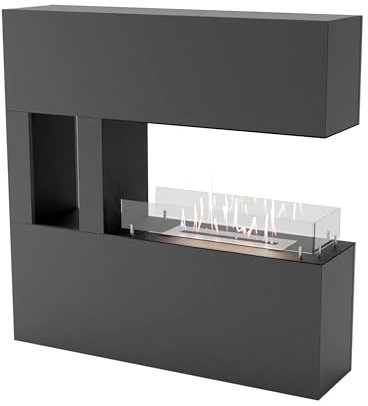 GLOW FIRE Ethanol Kamin VESTLAND (Standkamin) - Bioethanol Kaminofen für Indoor mit Holz-Fassade, 3 h Brenndauer, über 2kW Heizleistung, 120 x 120 x 30 cm - Grau