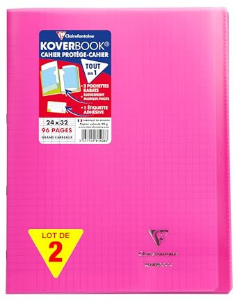 Clairefontaine 981408AMZC Un lot de 2 Cahiers Agrafés Koverbook 24x32 cm - 96 Pages Grands Carreaux - Papier Blanc 90 g - Couverture Polypro - Couleur : Rose