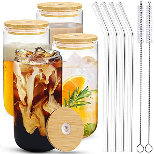 Lot de 4 Verre Bubble Tea avec Couvercle et Paille, 460 ml Gobelet Bubble Tea, Canettes de Bière Avec Couvercles, Verre Canette avec Glass Straw pour Smoothie, Bière, Cocktail, Cafe, Cola